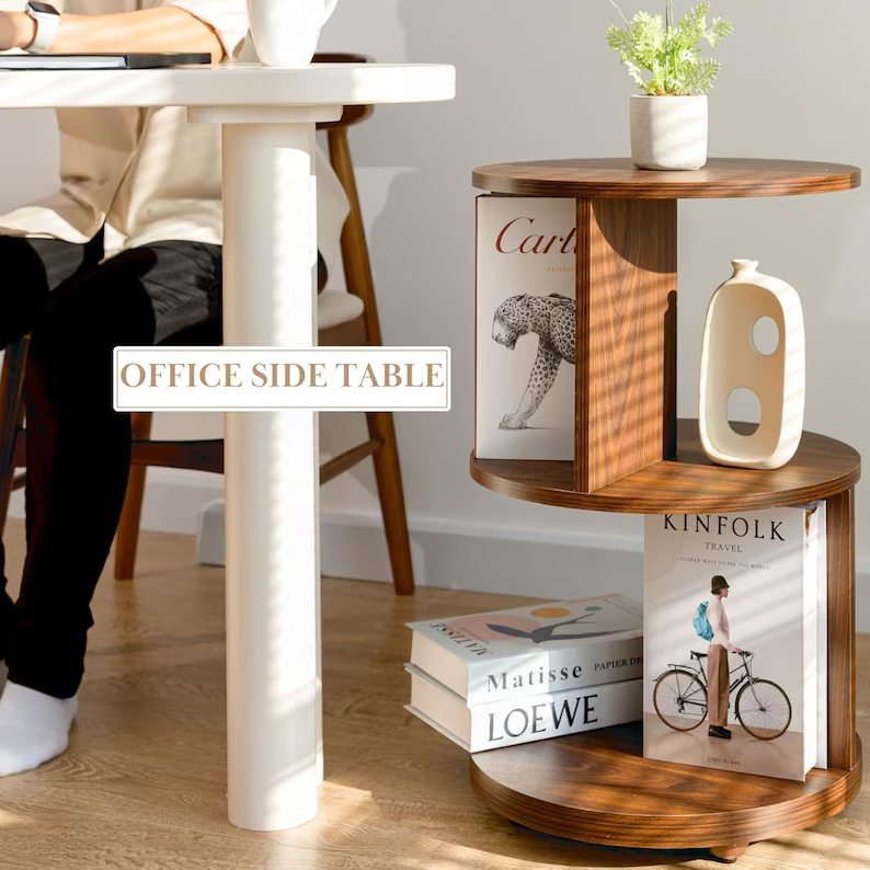 Living Room Side Table, Office Round Bookshelf End Table, Bedroom Mid Century Modern Nightstands, Accent Tables