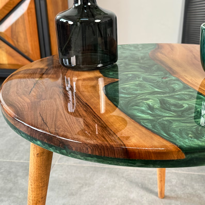 Round Live Edge Resin Coffee Table Walnut Side Table Mid Century Modern End Table with Wooden Legs Handmade