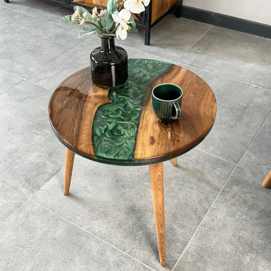 Round Live Edge Resin Coffee Table Walnut Side Table Mid Century Modern End Table with Wooden Legs Handmade
