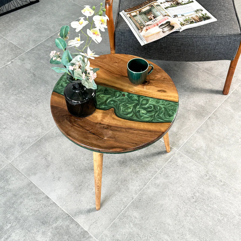 Round Live Edge Resin Coffee Table Walnut Side Table Mid Century Modern End Table with Wooden Legs Handmade