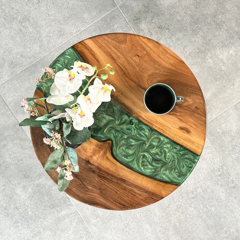 Round Live Edge Resin Coffee Table Walnut Side Table Mid Century Modern End Table with Wooden Legs Handmade