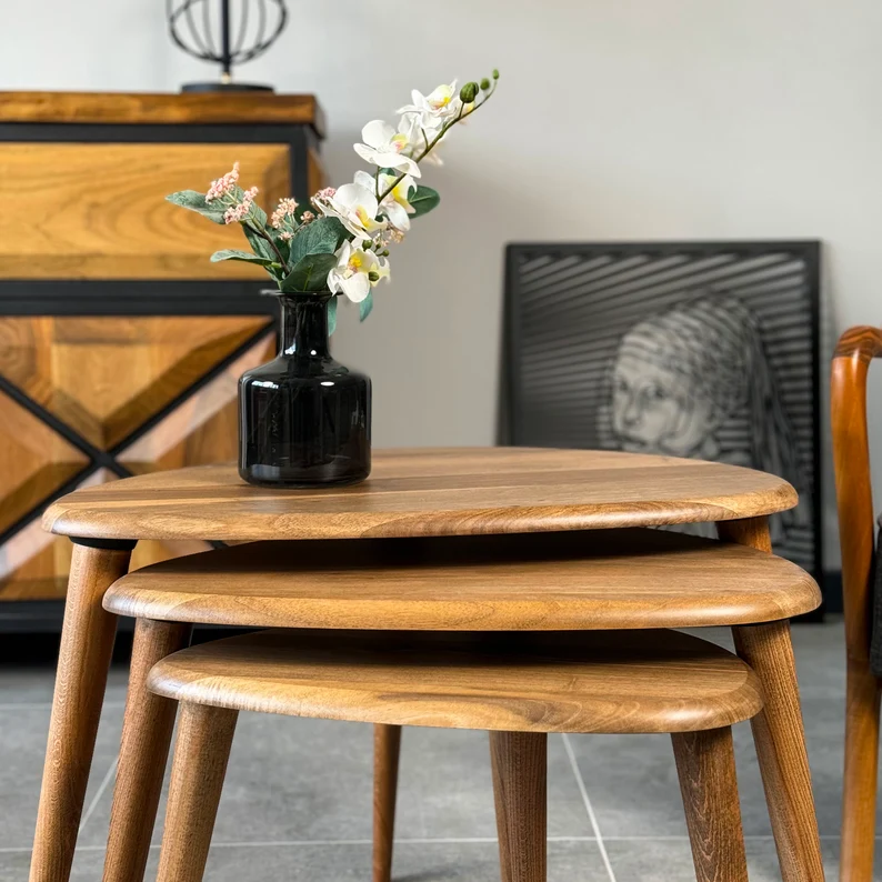 Nesting Coffee Table Set Walnut Side Table Mid Century Modern Living Room